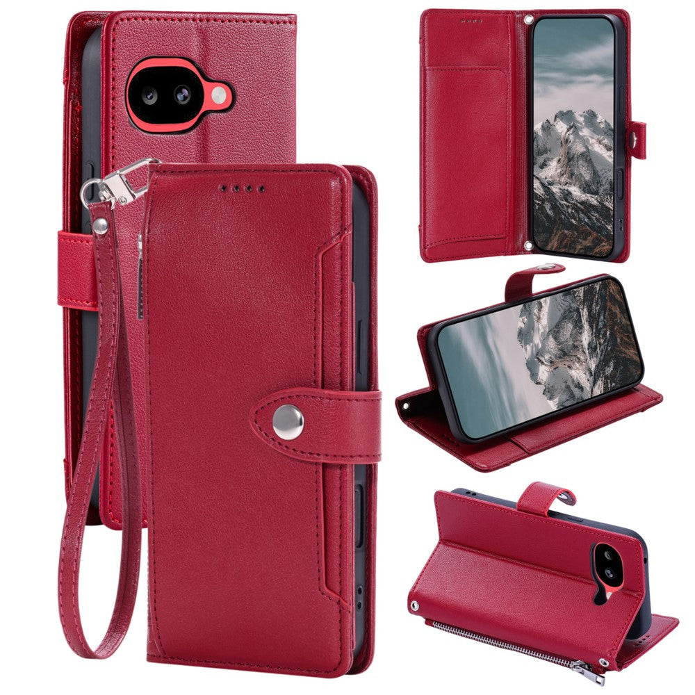 Wallet Case for Google Pixel 10a Litchi Texture Zipper Pocket Stand Leather Flip Phone Cover with Wrist Strap