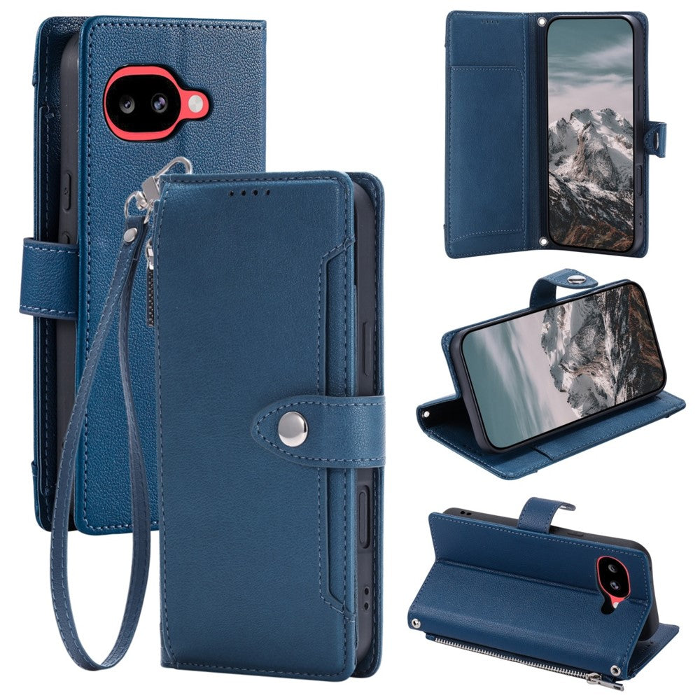 Wallet Case for Google Pixel 10a Litchi Texture Zipper Pocket Stand Leather Flip Phone Cover with Wrist Strap
