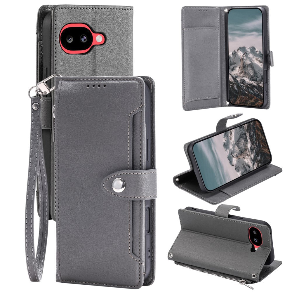 Wallet Case for Google Pixel 10a Litchi Texture Zipper Pocket Stand Leather Flip Phone Cover with Wrist Strap