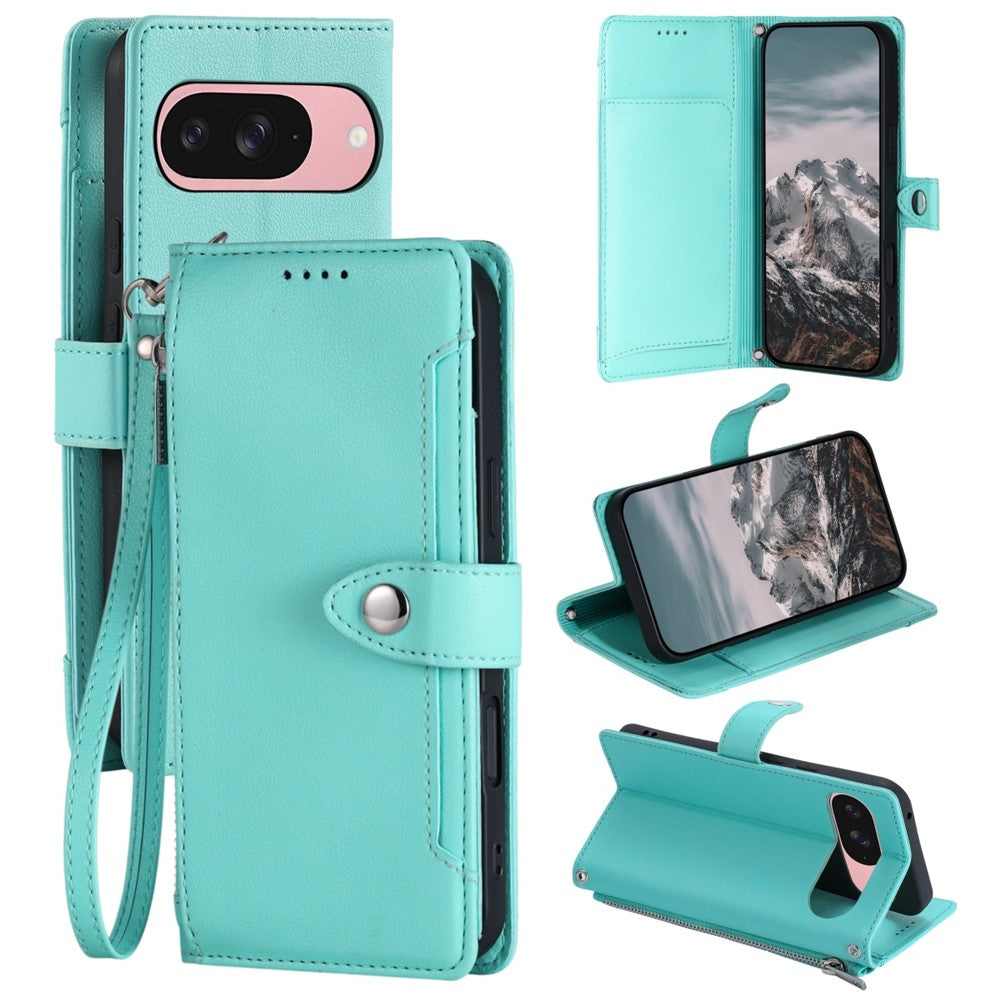 Wallet Case for Google Pixel 11  /  11 Pro Litchi Texture Zipper Pocket Stand Leather Flip Phone Cover with Wrist Strap
