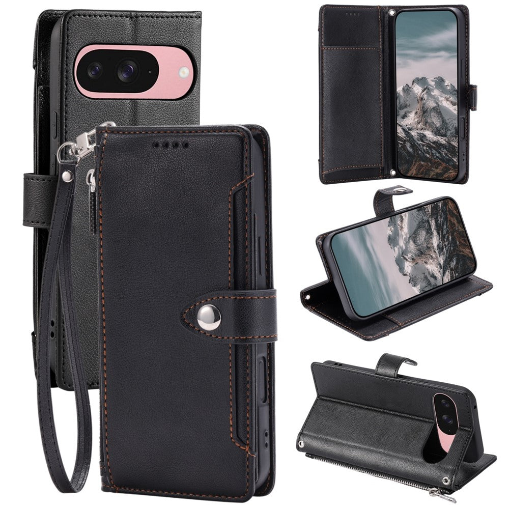 Wallet Case for Google Pixel 11  /  11 Pro Litchi Texture Zipper Pocket Stand Leather Flip Phone Cover with Wrist Strap