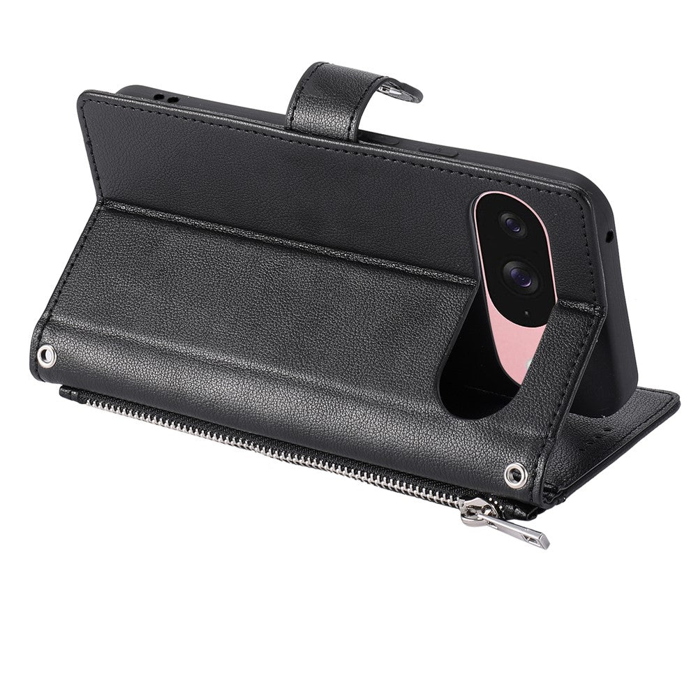 Wallet Case for Google Pixel 11  /  11 Pro Litchi Texture Zipper Pocket Stand Leather Flip Phone Cover with Wrist Strap