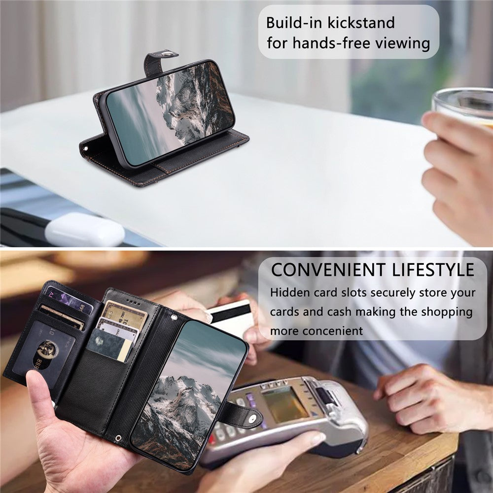 Wallet Case for Google Pixel 11  /  11 Pro Litchi Texture Zipper Pocket Stand Leather Flip Phone Cover with Wrist Strap