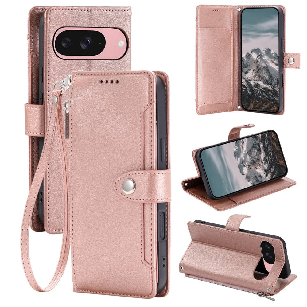 Wallet Case for Google Pixel 11  /  11 Pro Litchi Texture Zipper Pocket Stand Leather Flip Phone Cover with Wrist Strap