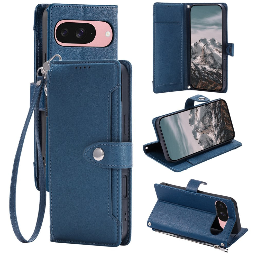 Wallet Case for Google Pixel 11  /  11 Pro Litchi Texture Zipper Pocket Stand Leather Flip Phone Cover with Wrist Strap