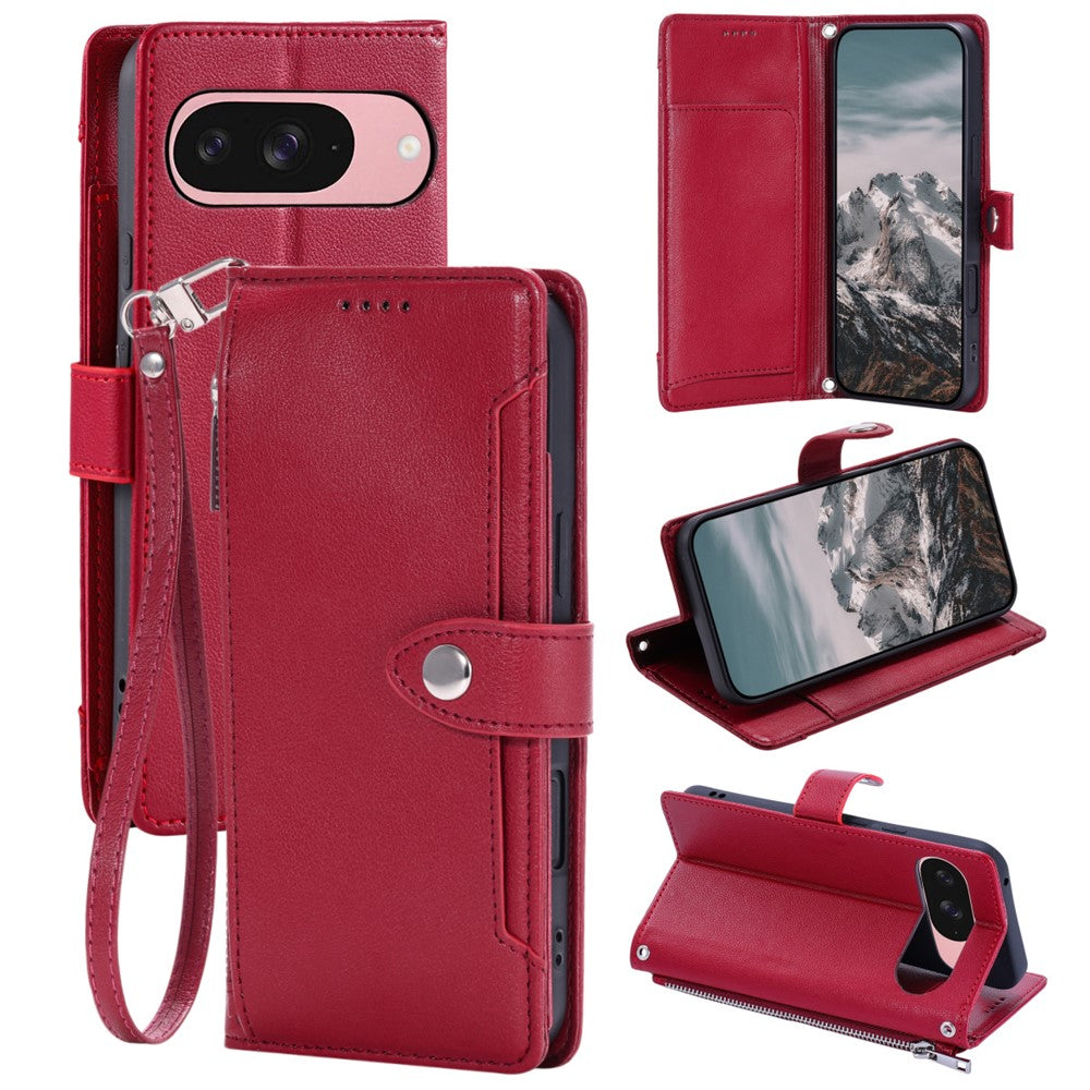 Wallet Case for Google Pixel 11  /  11 Pro Litchi Texture Zipper Pocket Stand Leather Flip Phone Cover with Wrist Strap