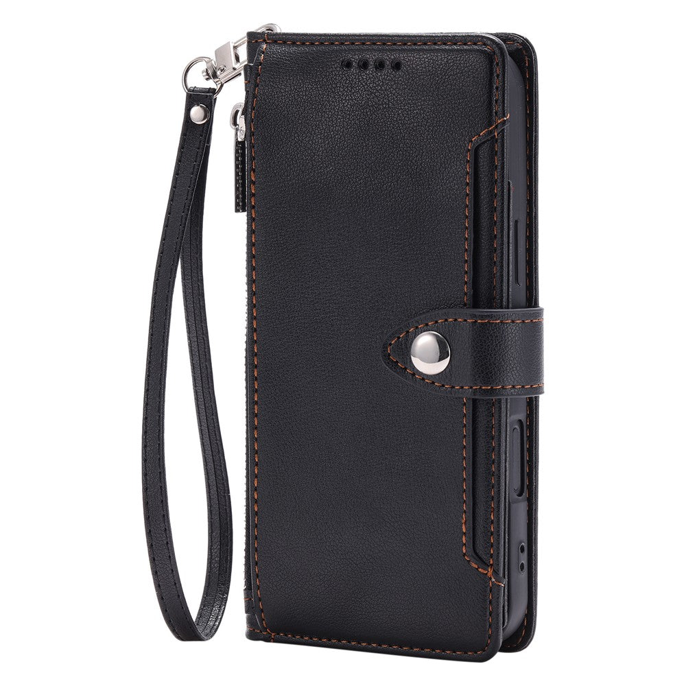 Wallet Case for Google Pixel 11 Pro XL Litchi Texture Zipper Pocket Stand Leather Flip Phone Cover with Wrist Strap