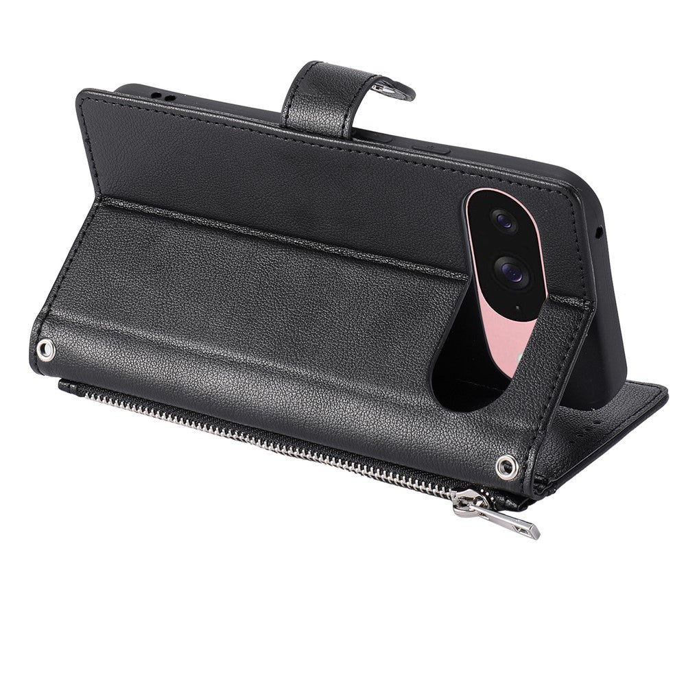 Wallet Case for Google Pixel 11 Pro XL Litchi Texture Zipper Pocket Stand Leather Flip Phone Cover with Wrist Strap
