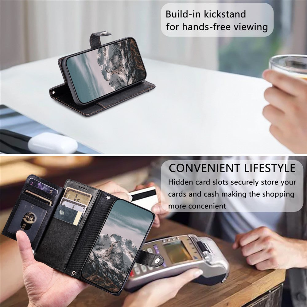 Wallet Case for Google Pixel 11 Pro XL Litchi Texture Zipper Pocket Stand Leather Flip Phone Cover with Wrist Strap