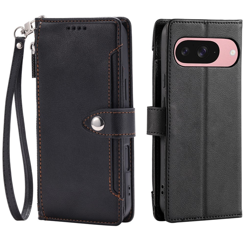 Wallet Case for Google Pixel 11 Pro XL Litchi Texture Zipper Pocket Stand Leather Flip Phone Cover with Wrist Strap