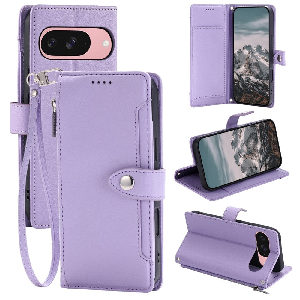 Wallet Case for Google Pixel 11 Pro XL Litchi Texture Zipper Pocket Stand Leather Flip Phone Cover with Wrist Strap