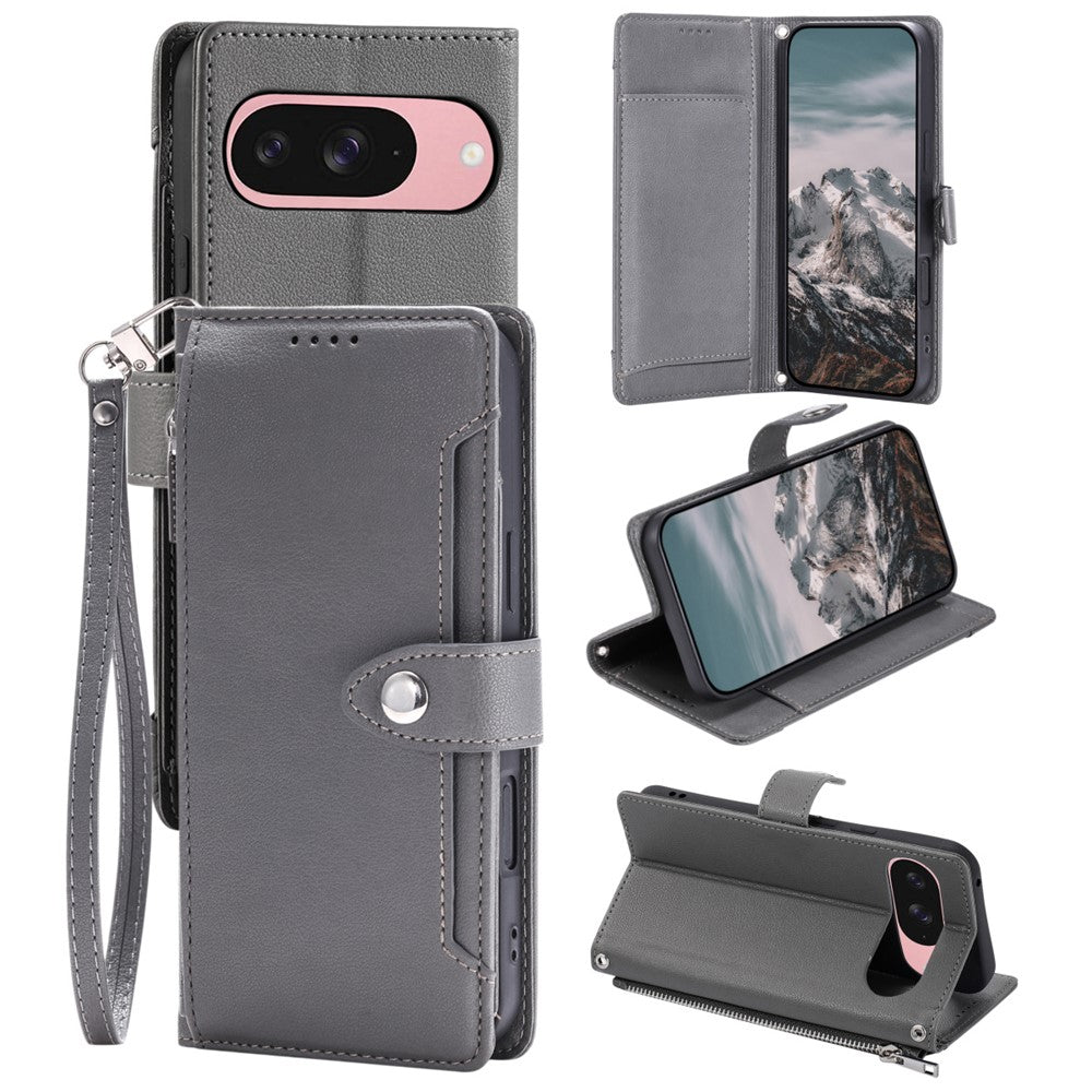 Wallet Case for Google Pixel 11 Pro XL Litchi Texture Zipper Pocket Stand Leather Flip Phone Cover with Wrist Strap