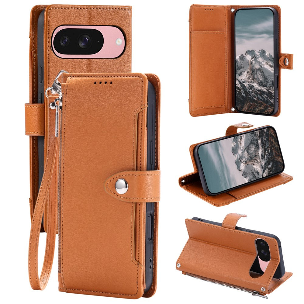 Wallet Case for Google Pixel 11 Pro XL Litchi Texture Zipper Pocket Stand Leather Flip Phone Cover with Wrist Strap