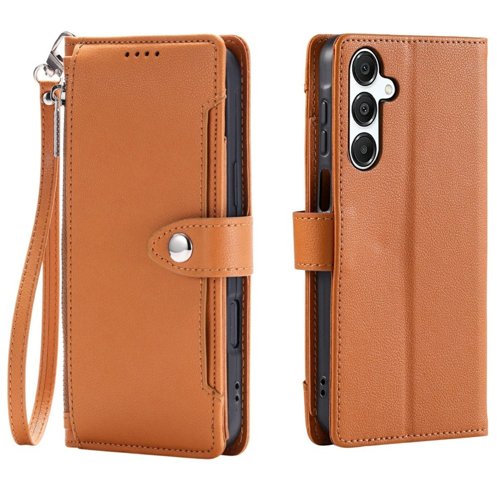 Wallet Case for Samsung Galaxy A27 5G Litchi Texture Zipper Pocket Stand Leather Flip Phone Cover with Wrist Strap