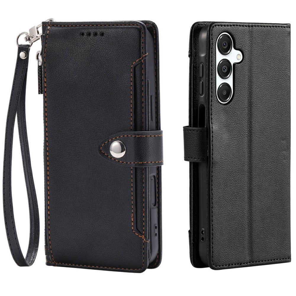Wallet Case for Samsung Galaxy A37 5G Litchi Texture Zipper Pocket Stand Leather Flip Phone Cover with Wrist Strap