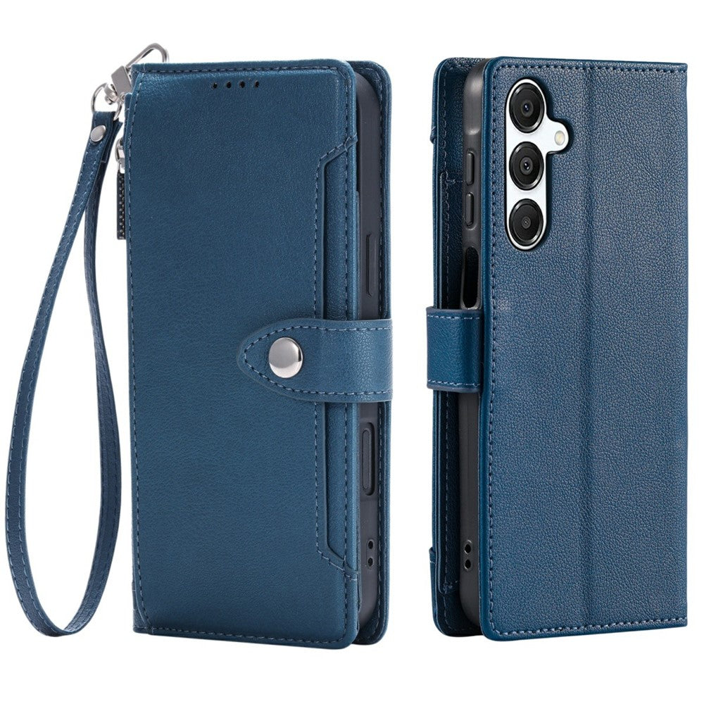 Wallet Case for Samsung Galaxy A37 5G Litchi Texture Zipper Pocket Stand Leather Flip Phone Cover with Wrist Strap