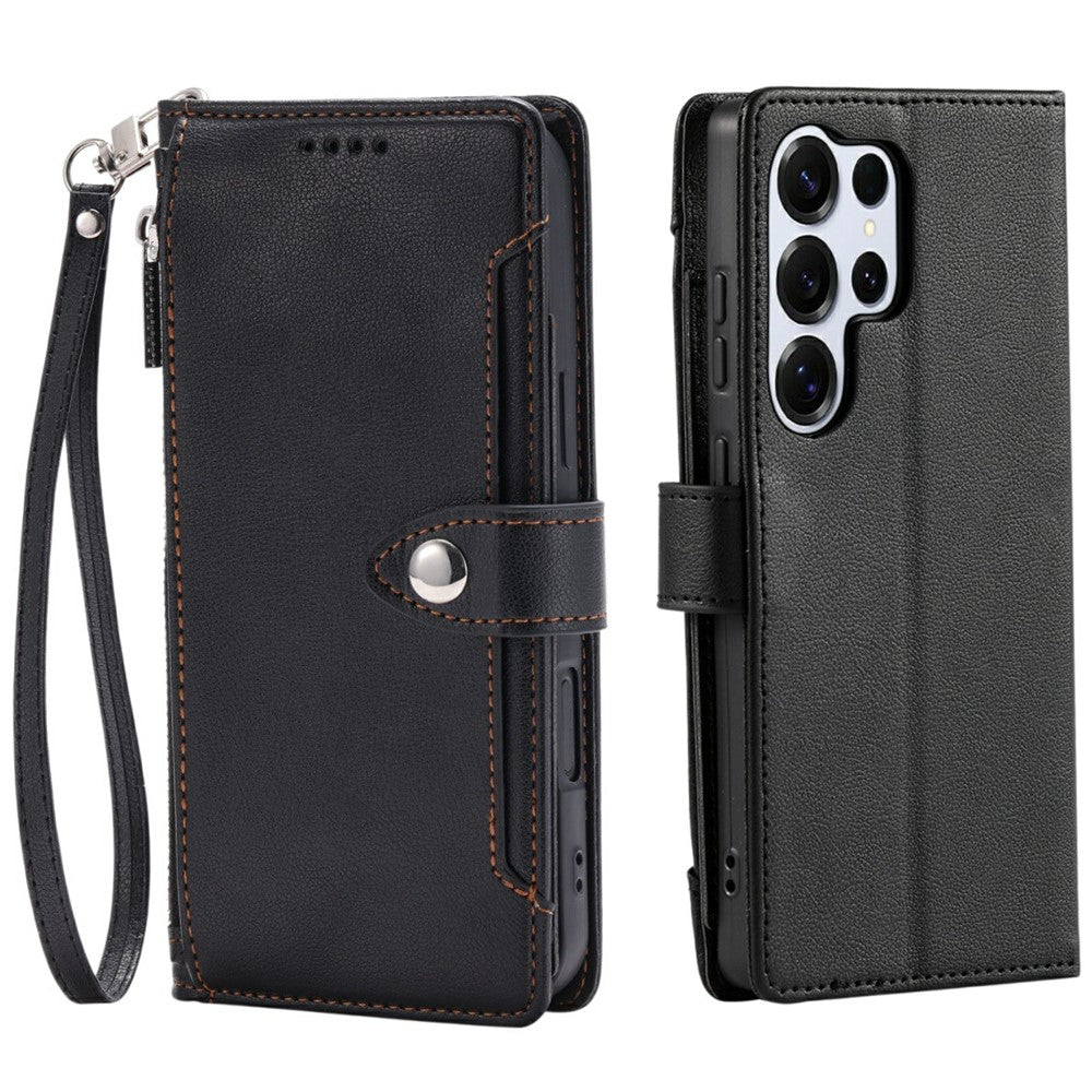 Wallet Case for Samsung Galaxy S26 Ultra Litchi Texture Zipper Pocket Stand Leather Flip Phone Cover with Wrist Strap