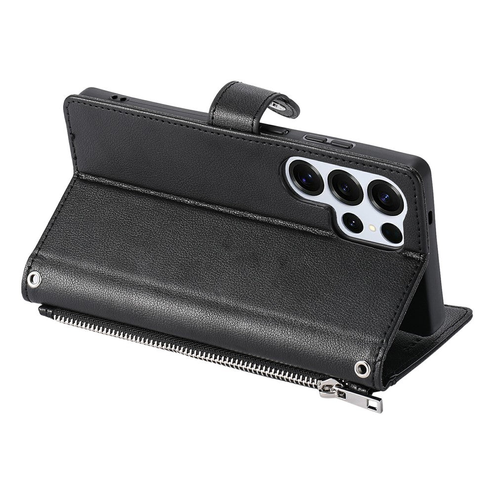 Wallet Case for Samsung Galaxy S26 Ultra Litchi Texture Zipper Pocket Stand Leather Flip Phone Cover with Wrist Strap