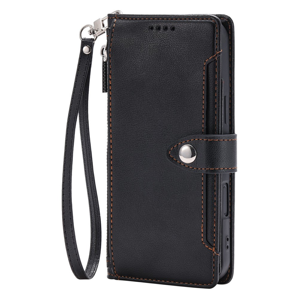 Wallet Case for Samsung Galaxy S26 Ultra Litchi Texture Zipper Pocket Stand Leather Flip Phone Cover with Wrist Strap