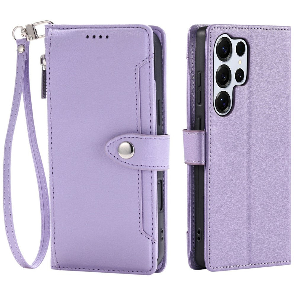 Wallet Case for Samsung Galaxy S26 Ultra Litchi Texture Zipper Pocket Stand Leather Flip Phone Cover with Wrist Strap