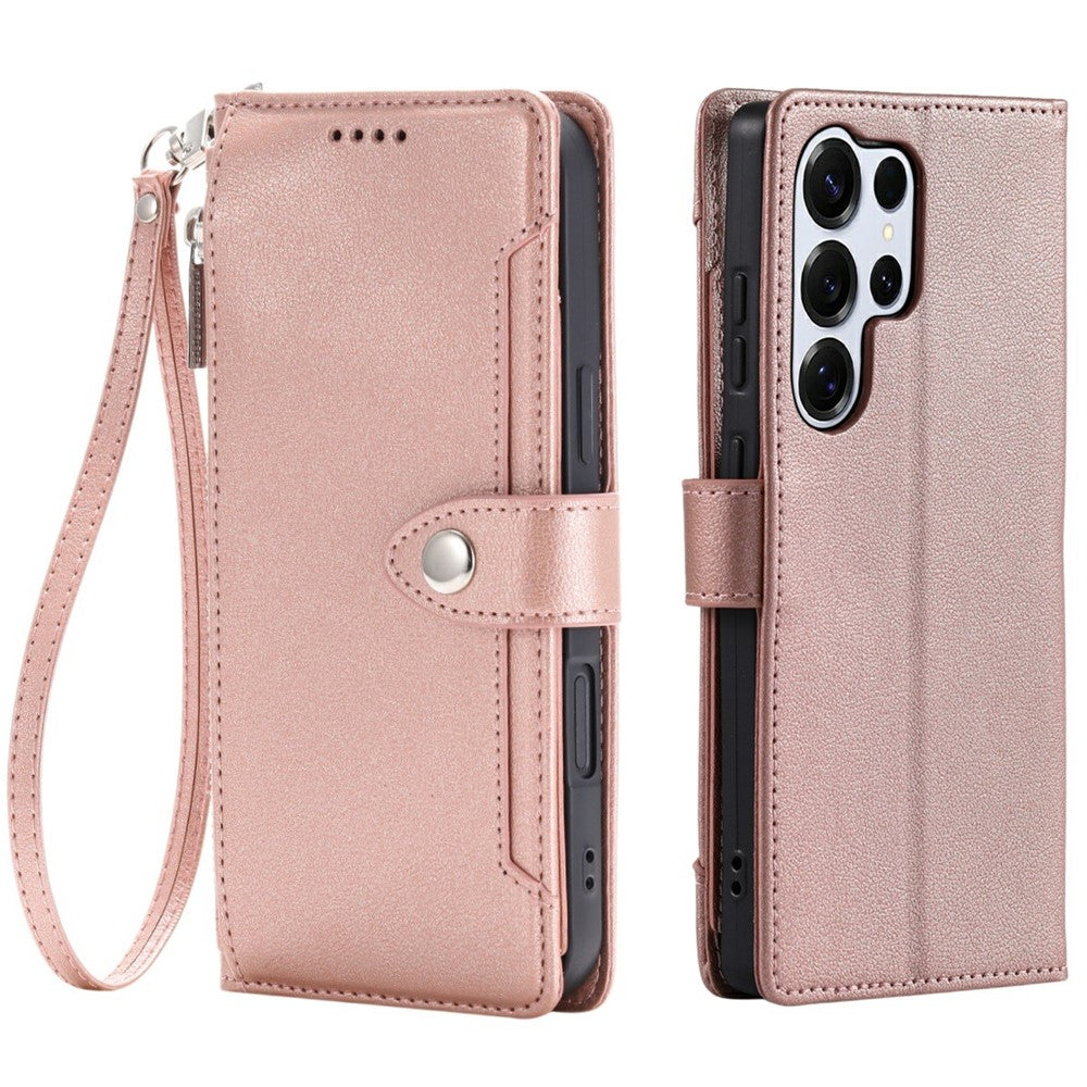 Wallet Case for Samsung Galaxy S26 Ultra Litchi Texture Zipper Pocket Stand Leather Flip Phone Cover with Wrist Strap