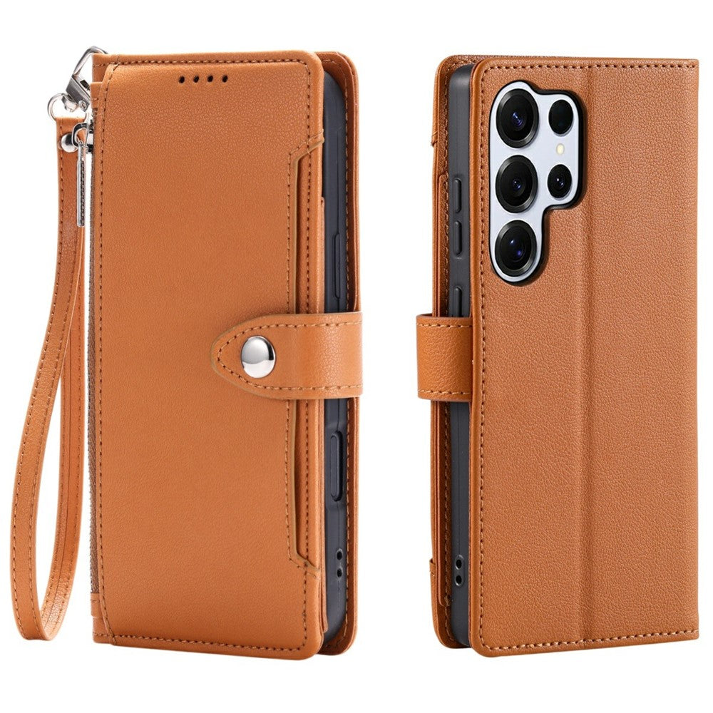 Wallet Case for Samsung Galaxy S26 Ultra Litchi Texture Zipper Pocket Stand Leather Flip Phone Cover with Wrist Strap