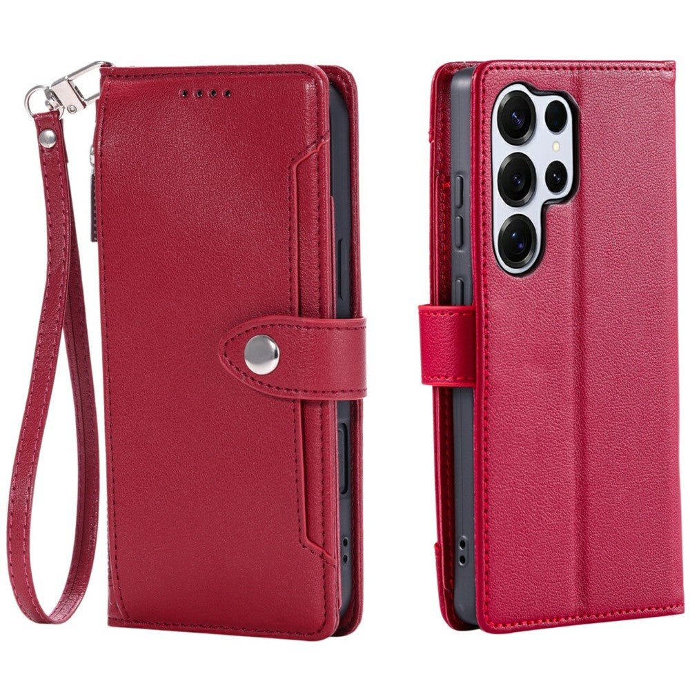 Wallet Case for Samsung Galaxy S26 Ultra Litchi Texture Zipper Pocket Stand Leather Flip Phone Cover with Wrist Strap