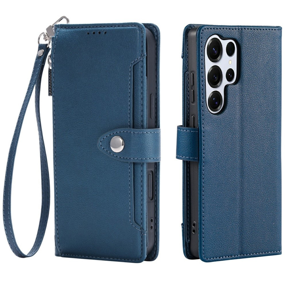 Wallet Case for Samsung Galaxy S26 Ultra Litchi Texture Zipper Pocket Stand Leather Flip Phone Cover with Wrist Strap