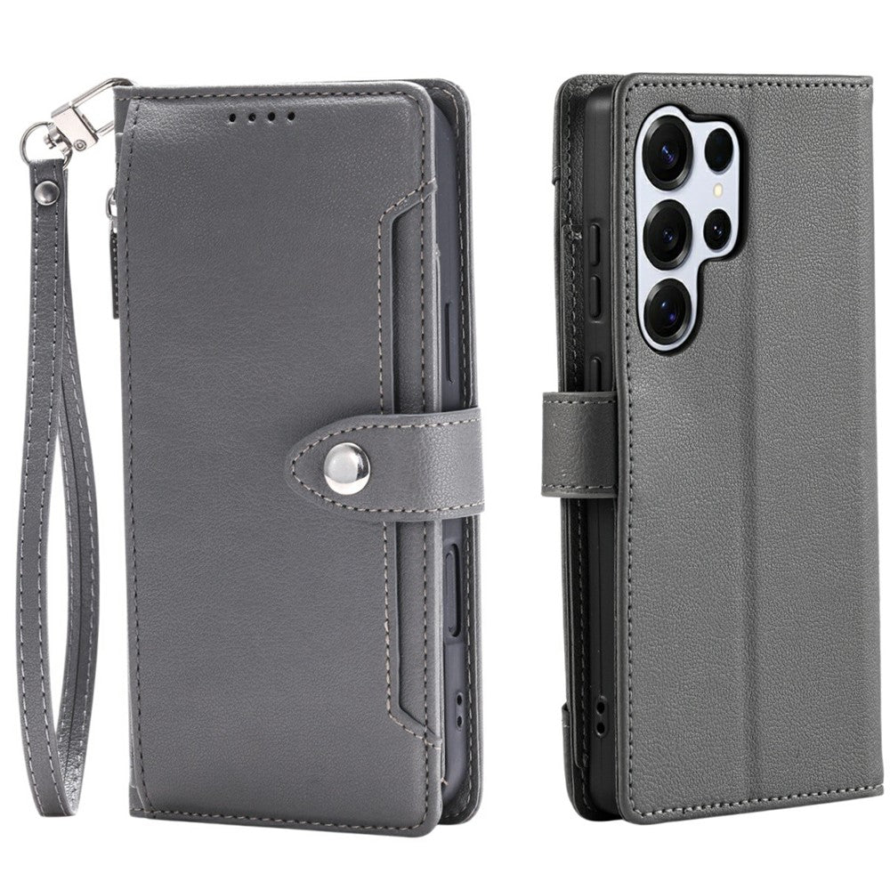 Wallet Case for Samsung Galaxy S26 Ultra Litchi Texture Zipper Pocket Stand Leather Flip Phone Cover with Wrist Strap