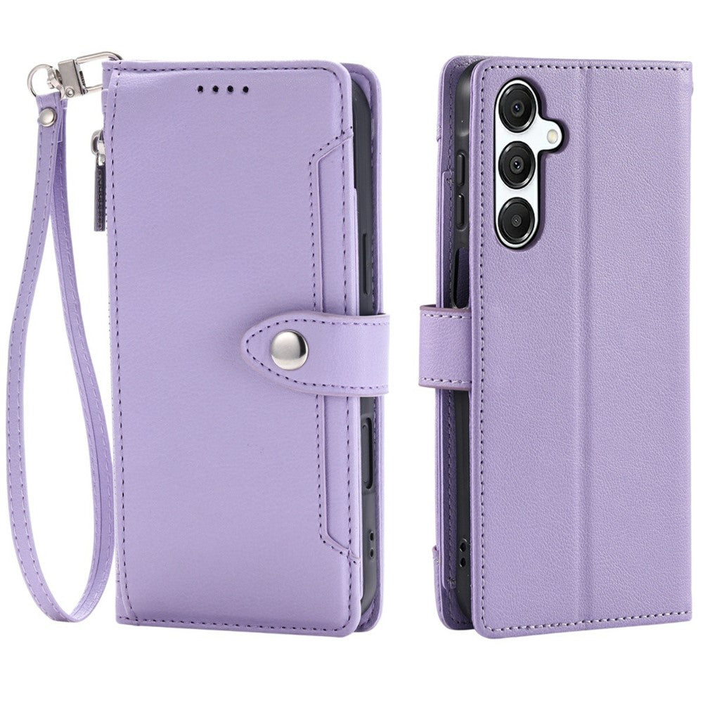 Wallet Case for Samsung Galaxy S26 Litchi Texture Zipper Pocket Stand Leather Flip Phone Cover with Wrist Strap