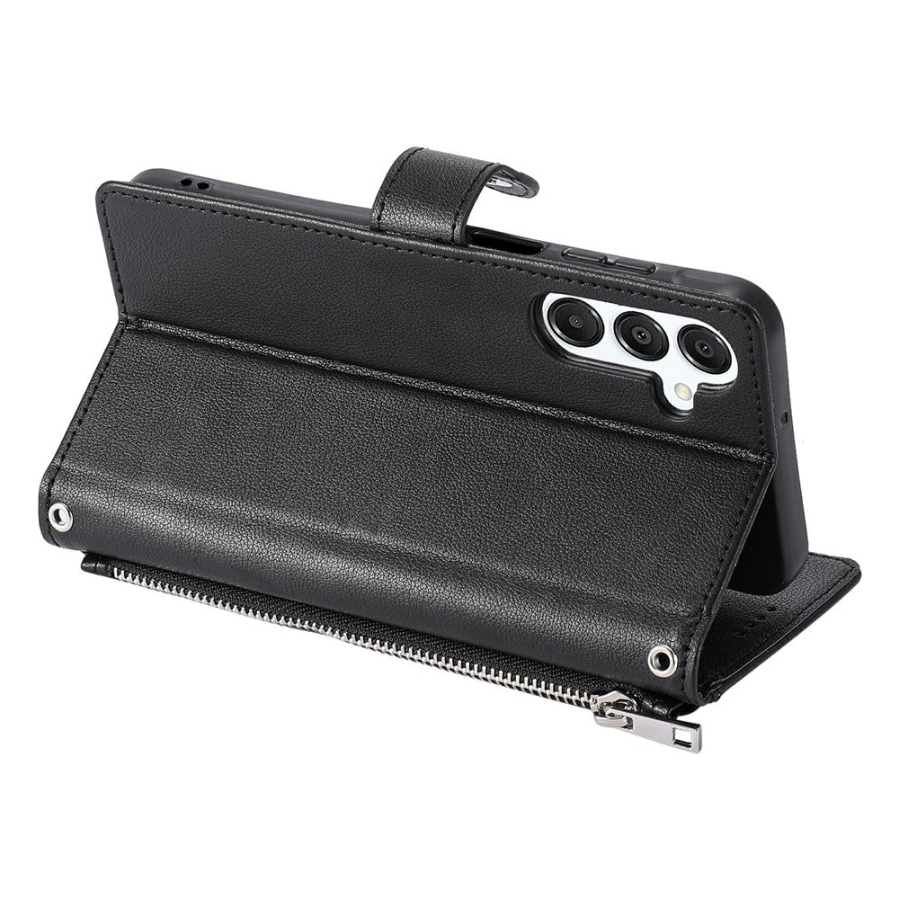 Wallet Case for Samsung Galaxy S26 FE Litchi Texture Zipper Pocket Stand Leather Flip Phone Cover with Wrist Strap