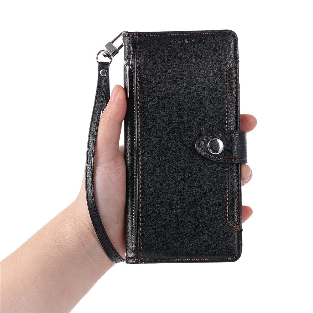 Wallet Case for Samsung Galaxy S26 FE Litchi Texture Zipper Pocket Stand Leather Flip Phone Cover with Wrist Strap