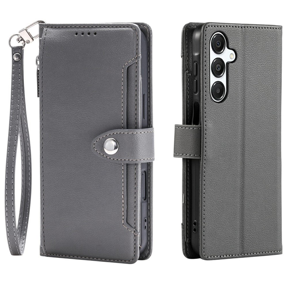 Wallet Case for Samsung Galaxy S26 FE Litchi Texture Zipper Pocket Stand Leather Flip Phone Cover with Wrist Strap