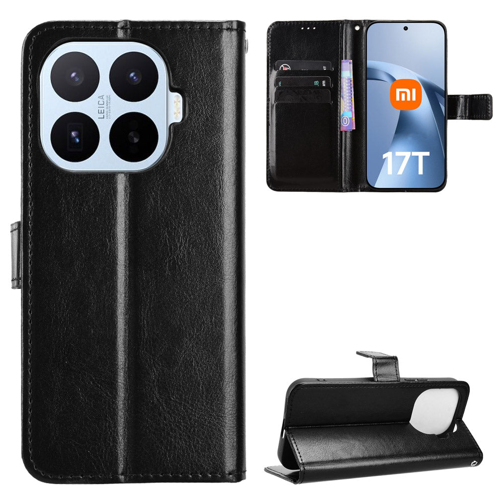 For Xiaomi 17T PU Leather Case with Strap Crazy Horse Texture Phone Wallet Cover