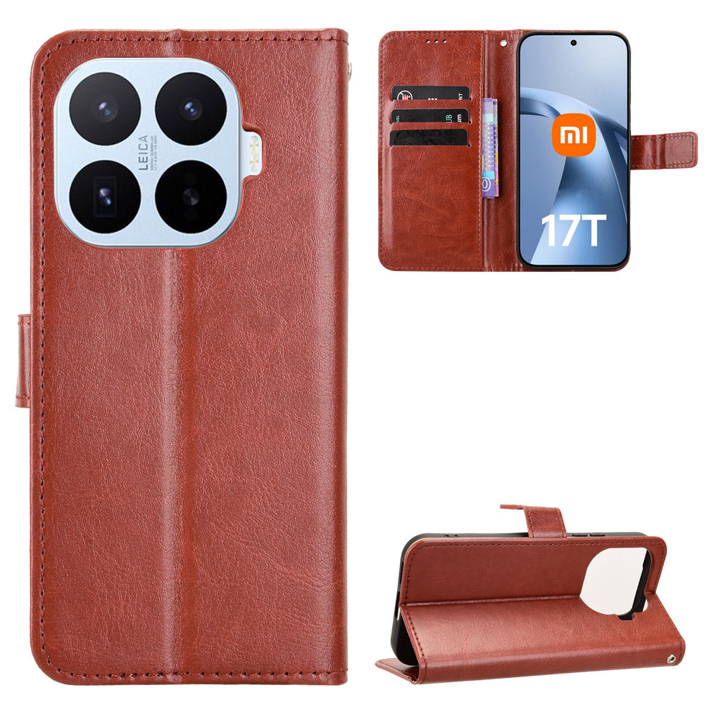 For Xiaomi 17T PU Leather Case with Strap Crazy Horse Texture Phone Wallet Cover
