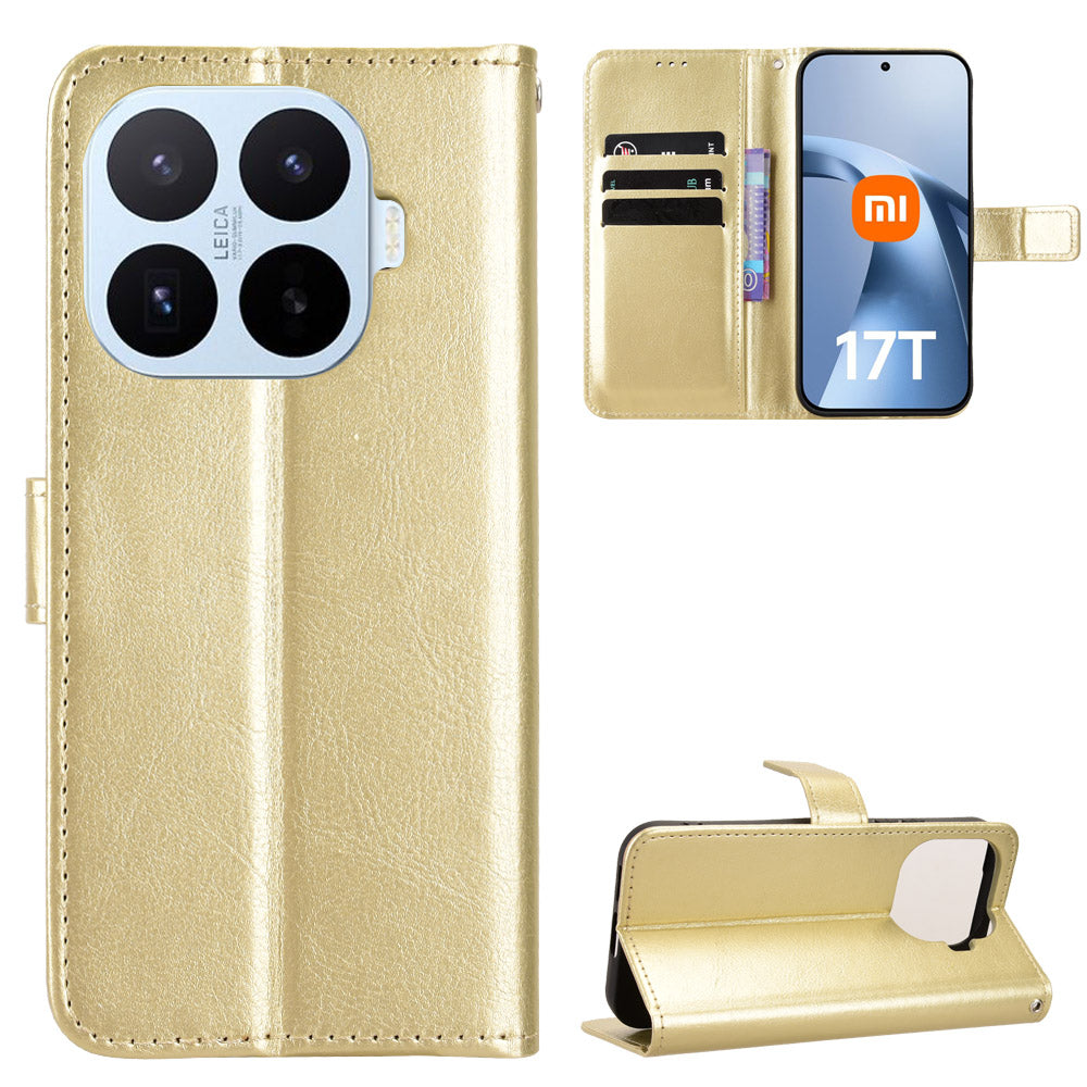 For Xiaomi 17T PU Leather Case with Strap Crazy Horse Texture Phone Wallet Cover
