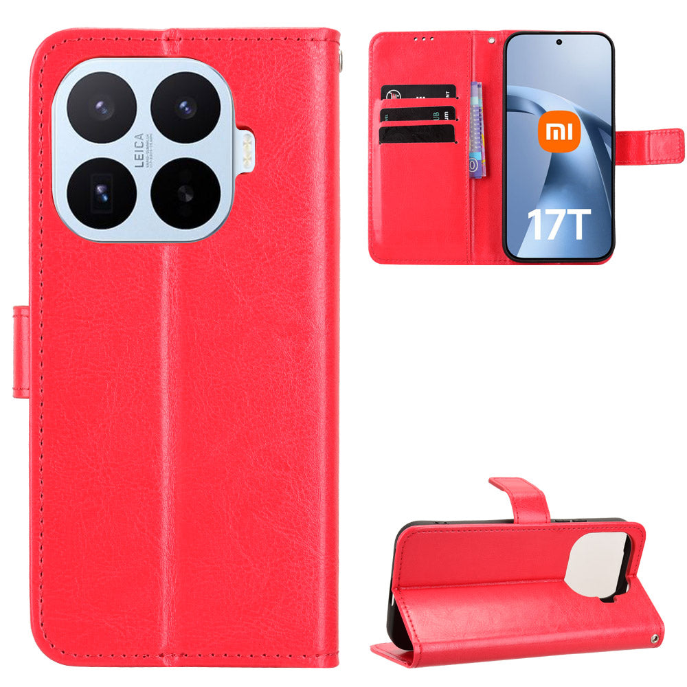 For Xiaomi 17T PU Leather Case with Strap Crazy Horse Texture Phone Wallet Cover