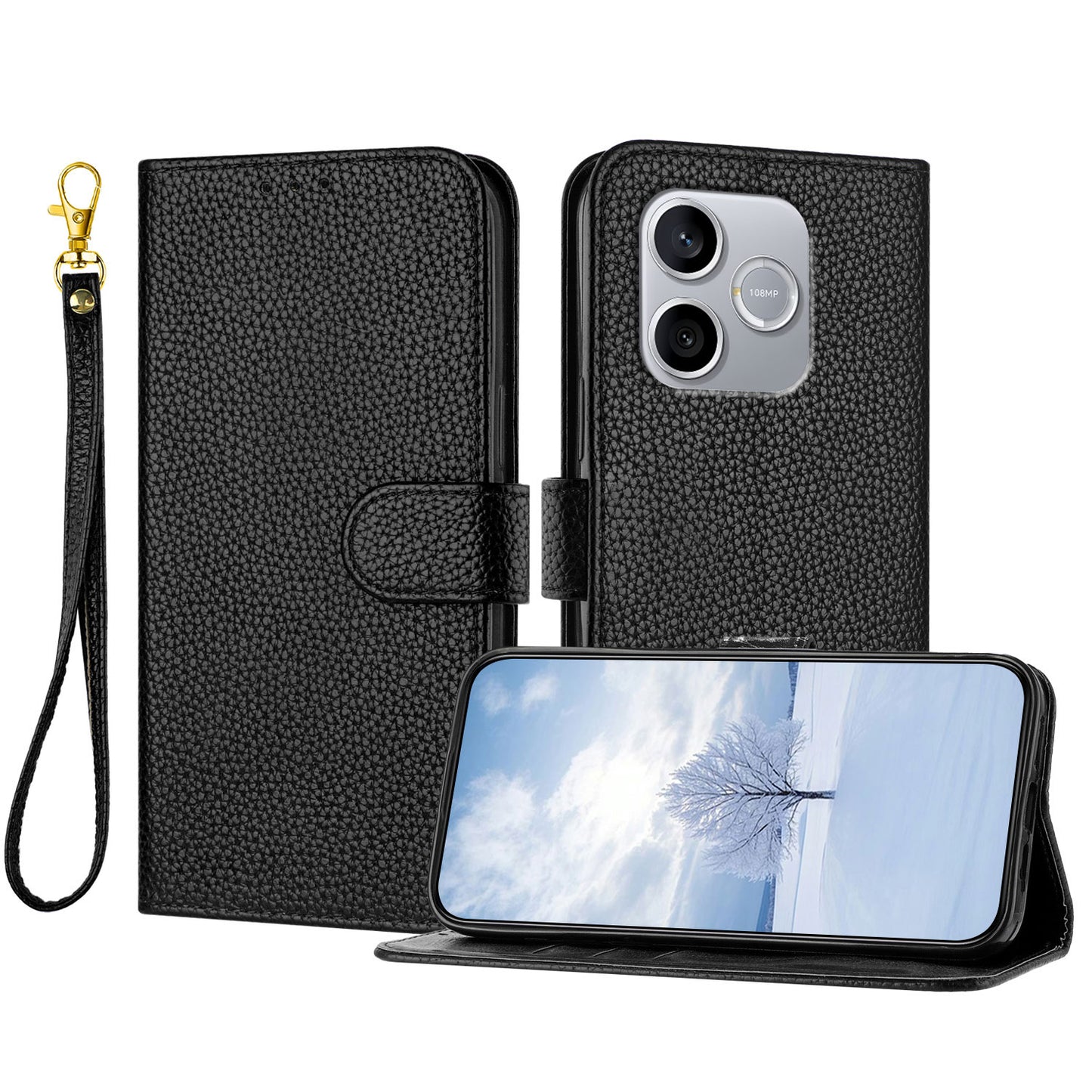 For Honor 500 Smart 5G / Honor 600 Lite 5G Leather Case Litchi Texture Wallet Stand Anti Drop Phone Cover with Wrist Strap