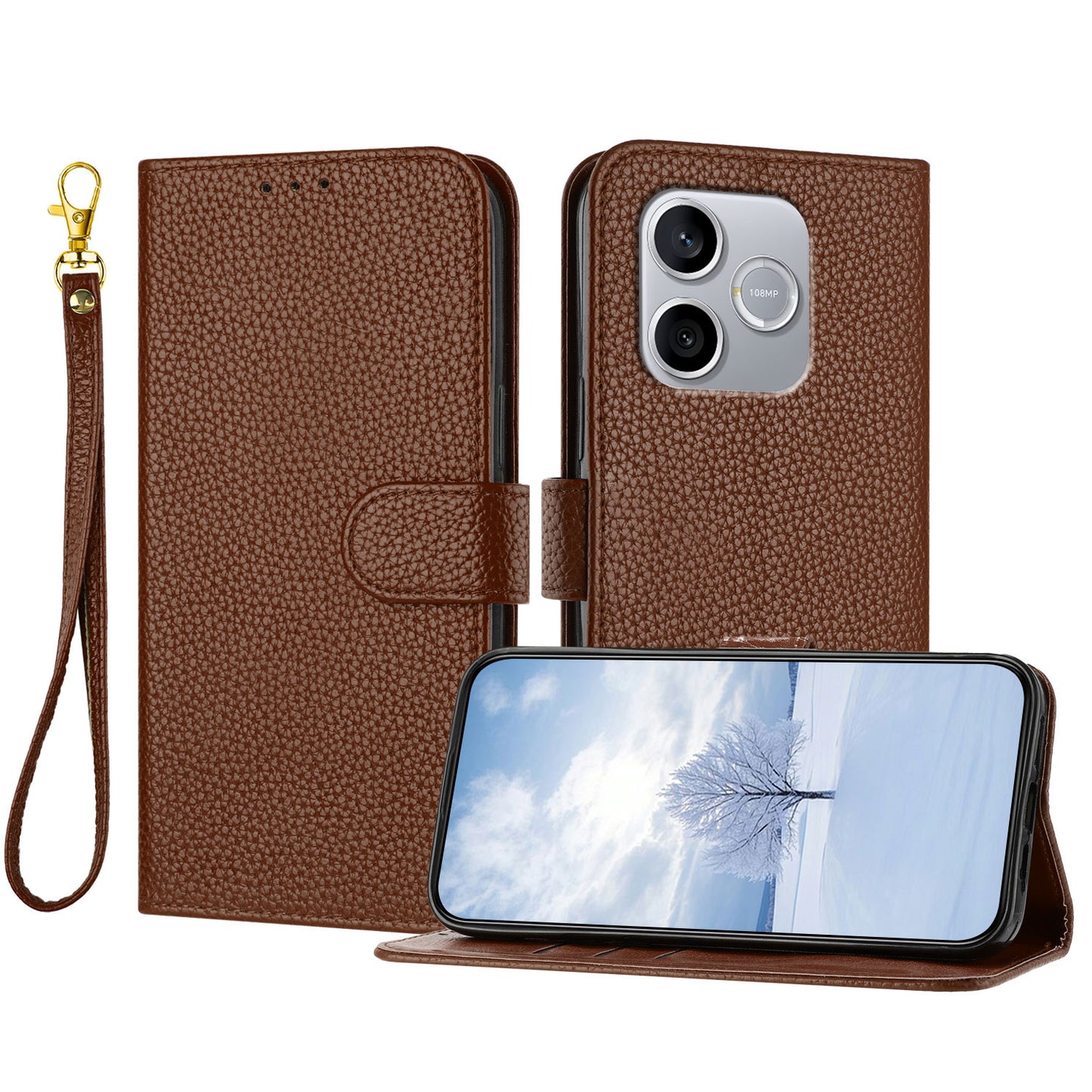 For Honor 500 Smart 5G / Honor 600 Lite 5G Leather Case Litchi Texture Wallet Stand Anti Drop Phone Cover with Wrist Strap