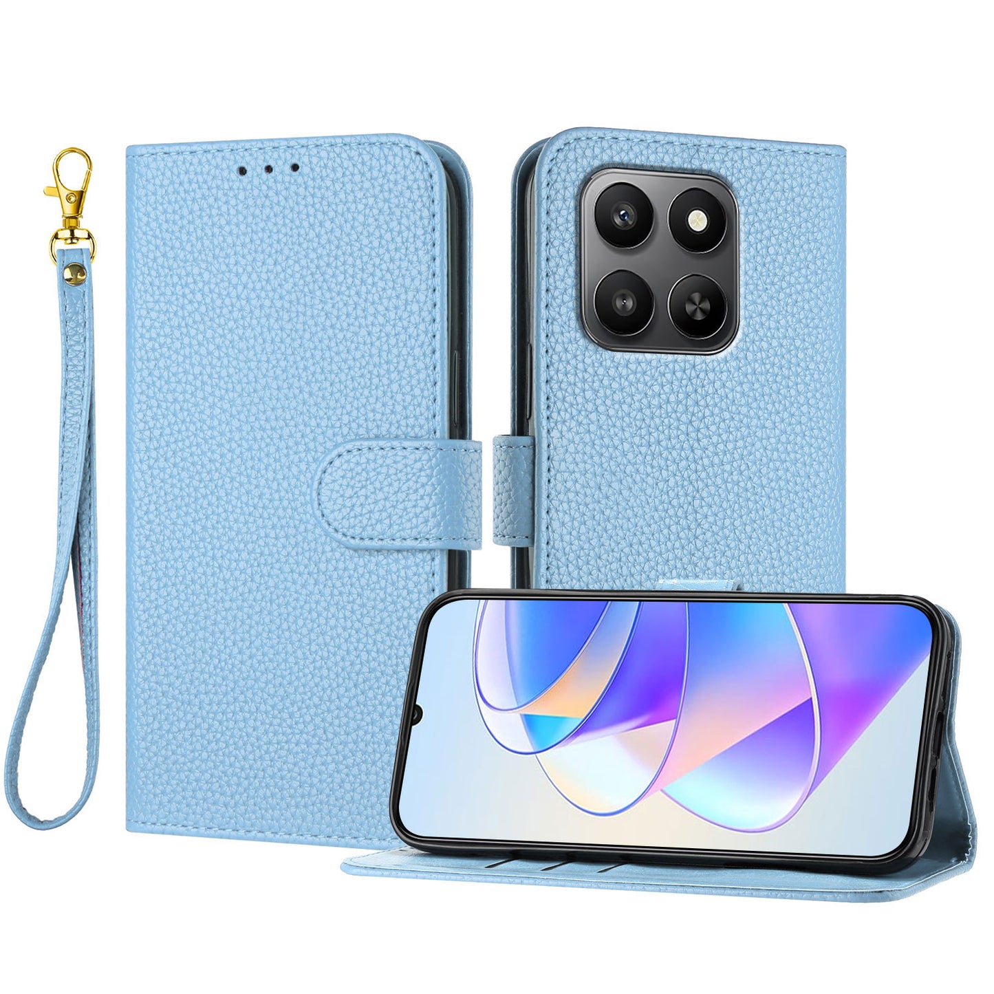 For Honor 400 Smart 4G / Honor 400 Smart 5G / Honor X7d 4G Leather Case Litchi Texture Wallet Stand Anti Drop Phone Cover with Wrist Strap