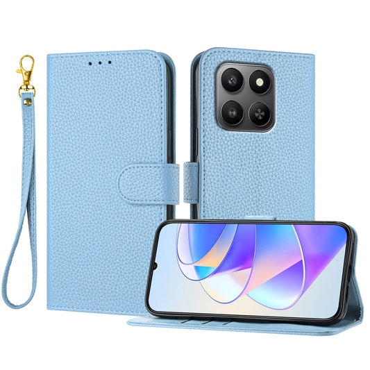 For Honor 400 Smart 4G / Honor 400 Smart 5G / Honor X7d 4G Leather Case Litchi Texture Wallet Stand Anti Drop Phone Cover with Wrist Strap