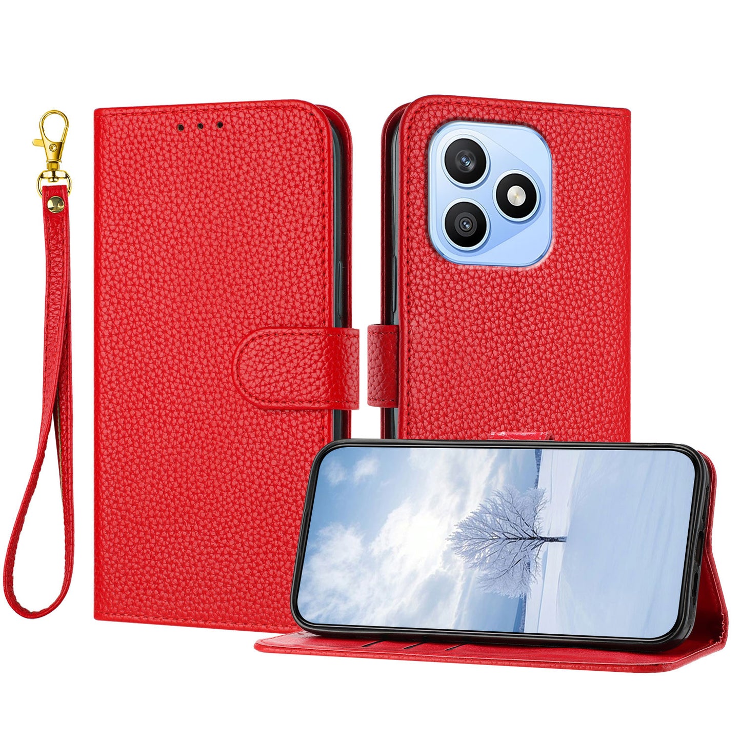 For Honor X8d 4G Leather Case Litchi Texture Wallet Stand Anti Drop Phone Cover with Wrist Strap