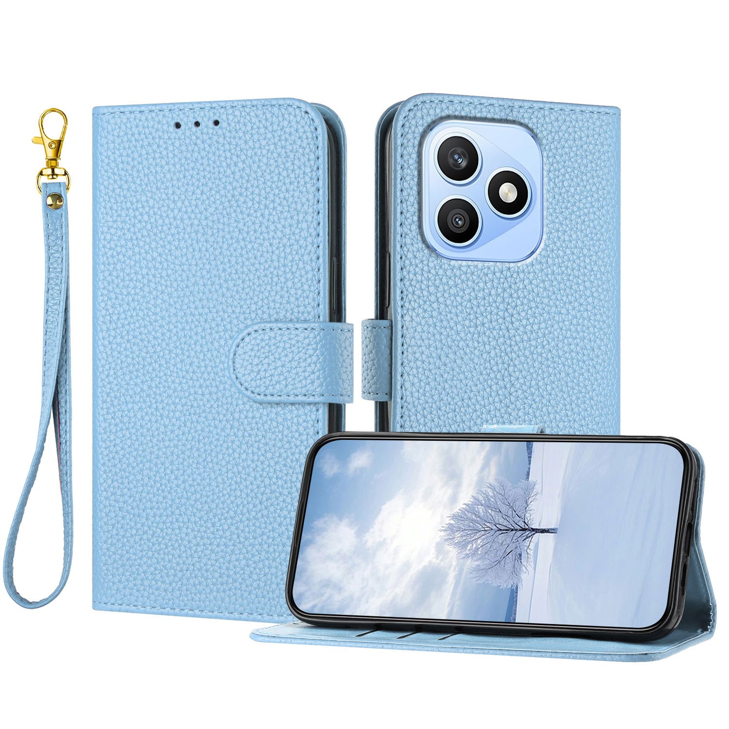 For Honor X8d 4G Leather Case Litchi Texture Wallet Stand Anti Drop Phone Cover with Wrist Strap