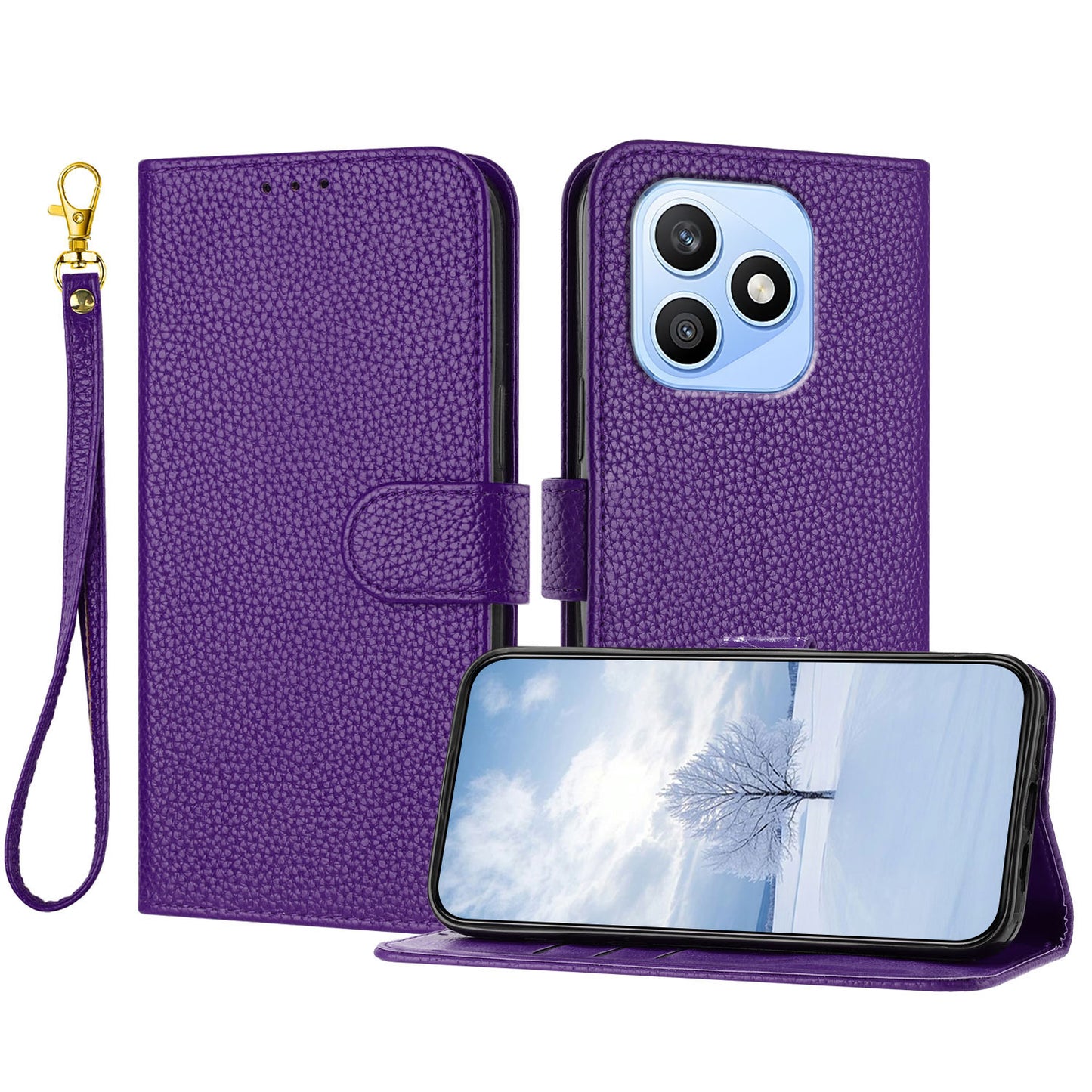For Honor X8d 4G Leather Case Litchi Texture Wallet Stand Anti Drop Phone Cover with Wrist Strap