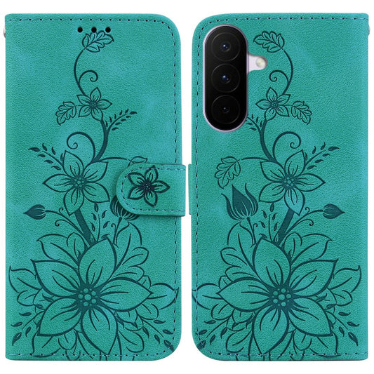 For Samsung Galaxy A27 5G Stand Case Lily Flower Imprint Leather Phone Cover with Wrist Strap
