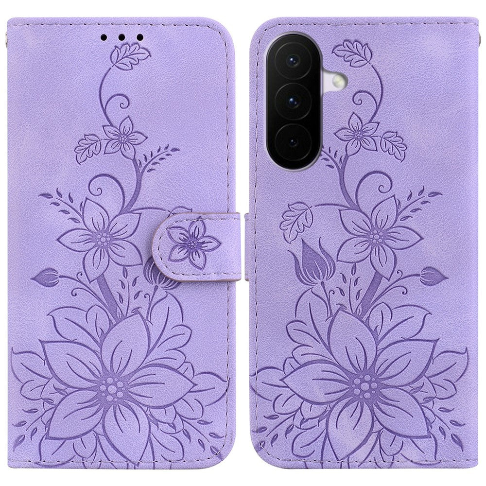 For Samsung Galaxy A27 5G Stand Case Lily Flower Imprint Leather Phone Cover with Wrist Strap