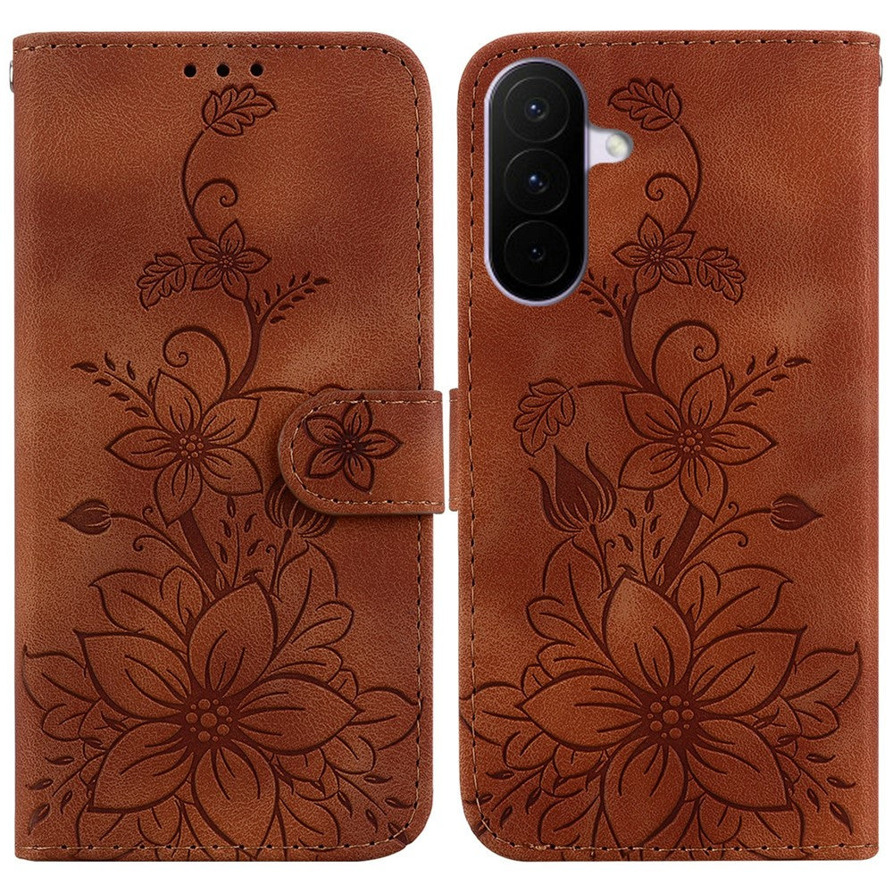 For Samsung Galaxy A27 5G Stand Case Lily Flower Imprint Leather Phone Cover with Wrist Strap