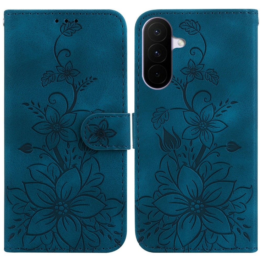 For Samsung Galaxy A27 5G Stand Case Lily Flower Imprint Leather Phone Cover with Wrist Strap