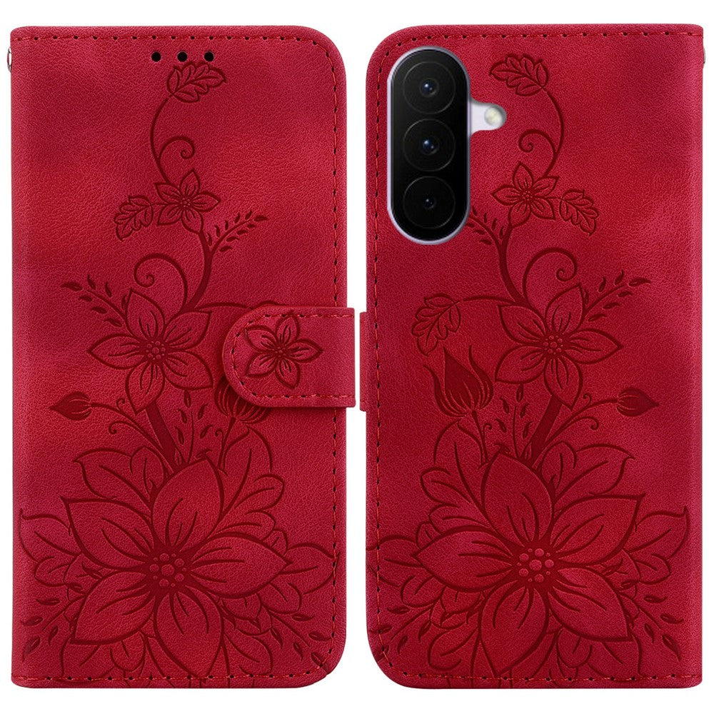 For Samsung Galaxy A27 5G Stand Case Lily Flower Imprint Leather Phone Cover with Wrist Strap