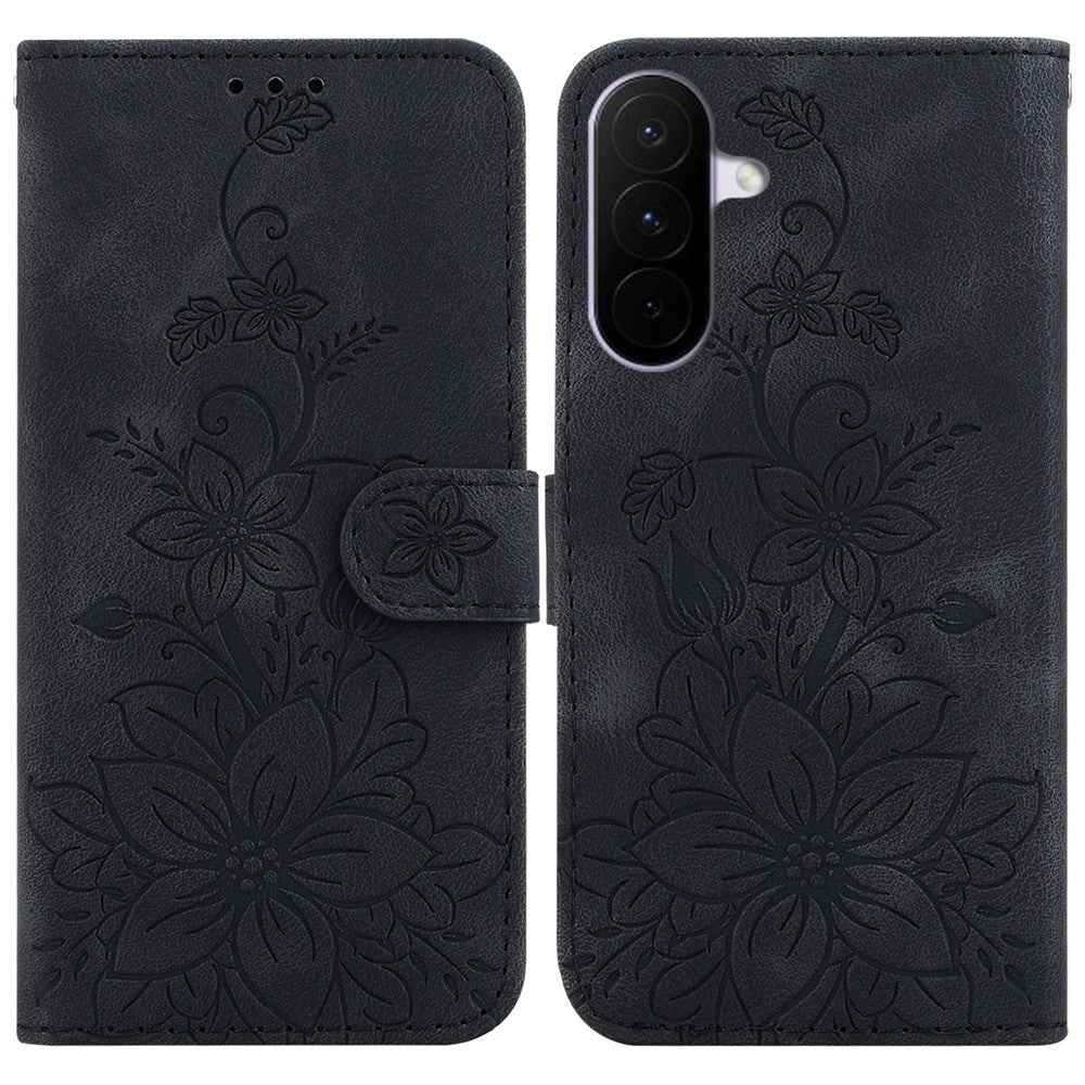 For Samsung Galaxy A27 5G Stand Case Lily Flower Imprint Leather Phone Cover with Wrist Strap